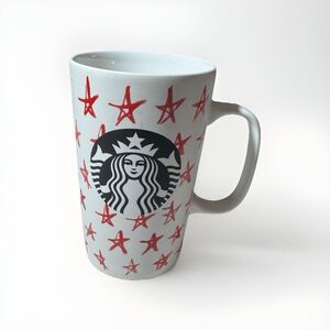 Starbucks 2014 16 oz Grande Red Stars White Ceramic Coffee Mug Collectible